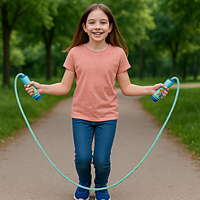 Corde a sauter pour petits avec compteur de sauts intégré pour encourager les enfants et suivre leurs progrès.